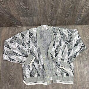 VTG Grandpa Sweater Cardigan Made in Italy Size Large Black White Gray Geometric